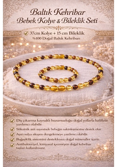 Baltık Kehribar Bebek Kolye & Bileklik Seti 37 Cm + 15 Cm Doğal Diş Çıkarma Desteği Diğer