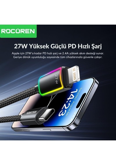 27w Type-c To Lightning Rgb Aydınlatmalı Örgülü Şarj Ve Data Kablosu 1 Metre Diğer