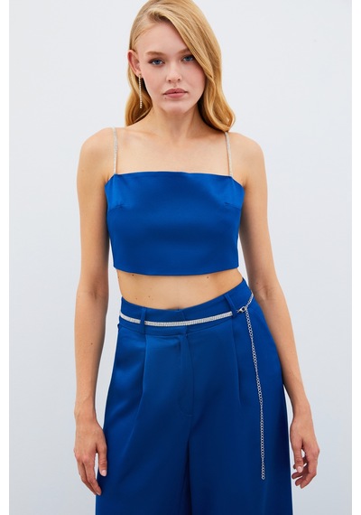 Sateen Taş Askılı Saten Crop Bluz - Mavi-134981 Mavi