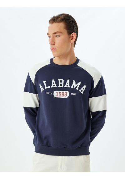 Koton Kolej Baskılı Sweatshirt Bisiklet Yaka Renk Bloklu Pamuklu Lacivert 5wam70181mk Lacivert