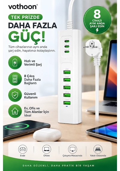 8 Portlu Çoklu Usb Şarj İstasyonu 5 Usb + 3 Type-c Masaüstü Çoklu Şarj Cihazı