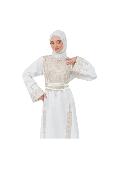 Zaytoon Filistin Nakışlı Modern Beyaz Kaftan Elbise - Geleneksel Şıklık Altın