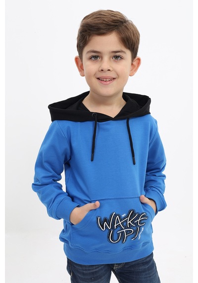 Toontoy Kids Toontoy Erkek Çocuk Relax Fit Kapüşonlu Cepli Renk Bloklu Baskılı Sweatshirt - 2 İplik Saks