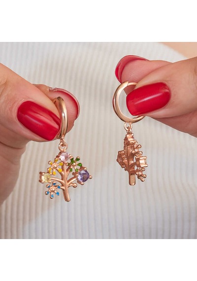 Gümüş Rose Renkli Taşlı Hayat Ağacı Kadın Küpe 14 MM-Gümüş