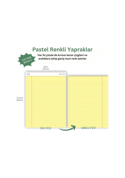 Letter Boyut 216 X 297mm , Sarı Renkli Legal Pad, Notluk, Notepad, Defter, 50 Yaprak, Geniş Sa