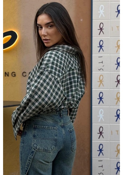 Madmext Yeşil Oversize Kareli Kadın Gömlek Mg2822