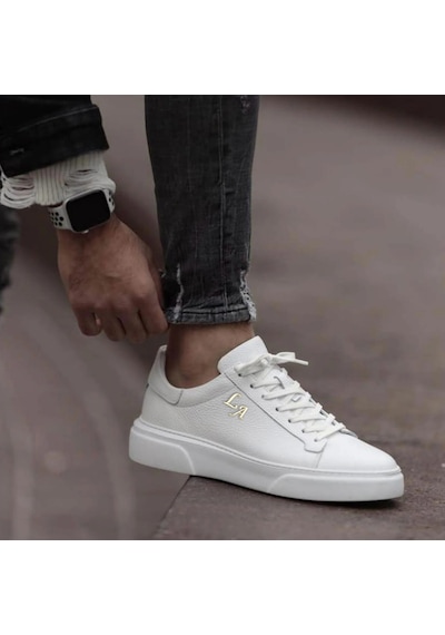 Twingold Kalın Ortopedik Tabanlı %100 Deri Sneaker Spor Ayakkabı - Beyaz Beyaz