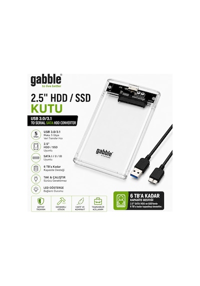 Gabble 2.5" Hdd Ssd Kutusu Usb 3.0/3.1 Sata Harici Disk Kutusu Şeffaf Kasa 5gbps 30cm Kablo