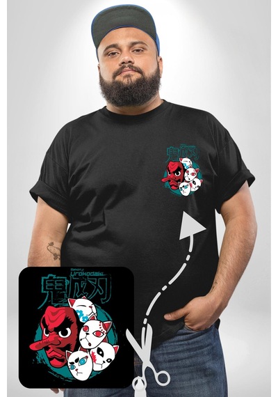Angemiel Japon Anime Tengu Maske Siyah Büyük Beden Kadın Basic Minimal Baskılı Tişört Siyah