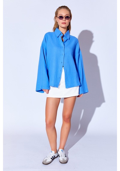 Manche Saks Kolları Salaş Yıkamalı Müslin Oversize Rahat Kalıp Kadın Basic Gömlek Mks166881-01 Manche Saks Kolları Salaş Yıkamalı Müslin Oversize Rahat Kalıp Kadın Basic Gömlek Mks166881-01