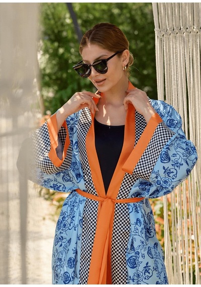 Mayovera Kimono - Mavi Çiçekler Tasarım Çok Renkli