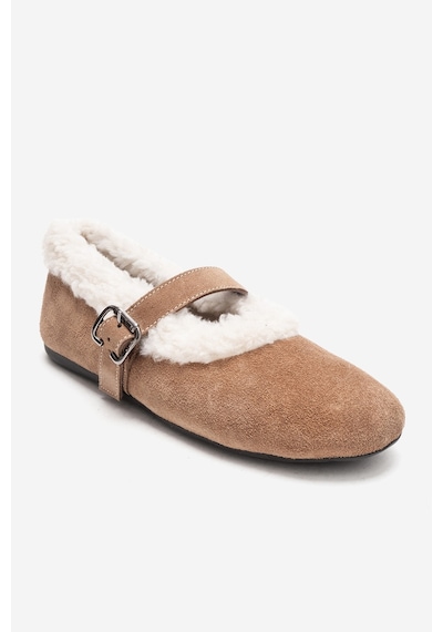 Luvishoes Guın Toprak Süet Hakiki Deri Peluş Detaylı Kemerli Kadın Babet Ayakkabı Toprak