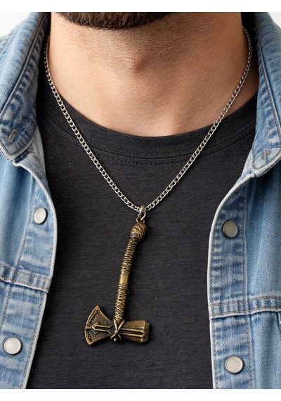 Antik Görünümlü Thor Çekici Kolye Metal Bronz Erkek Kadın 60 Cm Çok renkli