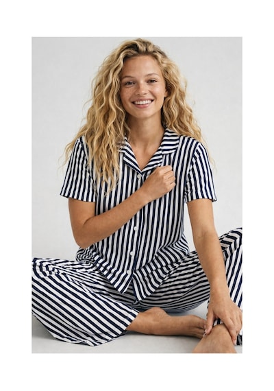 Rindahomewear Pamuklu Örme Kumaş Desenli Düğmeli Pijama Takım Lacivert Çizgili