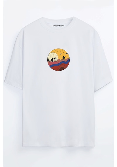 Col Adam Baskılı Unisex Siyah - Turuncu - Bej Oversize T-shirt Beyaz