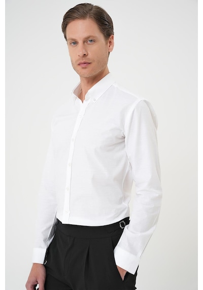 Efor Slim Fit Düğmeli Yaka Dokulu %100 Pamuk Klasik Beyaz 2 Gömlek Gk 726 Beyaz