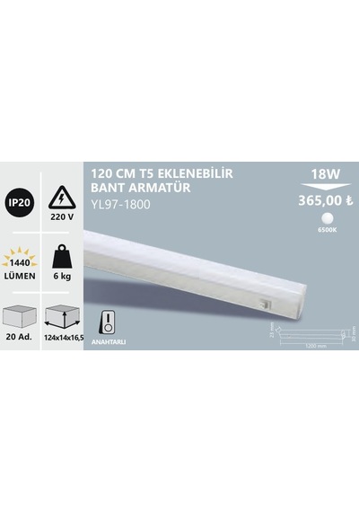 Noas 18w 120 Cm T5 Eklenebilir Led Bant Armatür, Beyaz Işık Yl97-1800 Beyaz