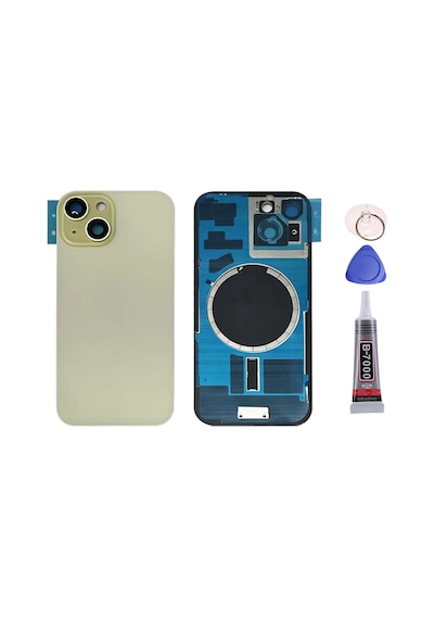 Apple Uyumlu iPhone 15 Sarı Full Nfc Ve Demirli Arka Kapak Batarya Kapağı Pil Kapağı Yapışkan Ve Sökme Aparatıyla Beraber Full Set Sarı