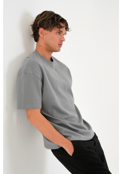 Blank Unisex Oversize Geniş Kesim Tişört %100 Pamuk Kalın Dokulu Bisiklet Yaka T-shirt Füme