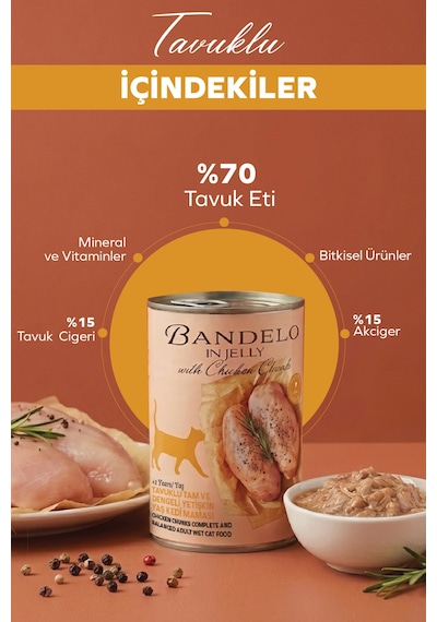 Tavuklu Yetişkin Yaş Konserve Kedi Maması - %100 Hayvansal Protein Jöleli Parça Etli, 400gr X 12 Adet