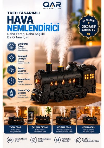 Siyah Tren Tasarımlı Hava Nemlendirici Dekoratif Masa Üstü Ortam Nemlendirici Kumandasız