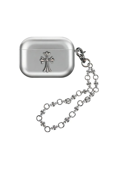 Caseonn Apple Uyumlu Airpods Pro 3 Kılıf Chrome Hearts Metalik Görünümlü Uzun Zincirli Haç Figürlü Gümüş Metalik Gri