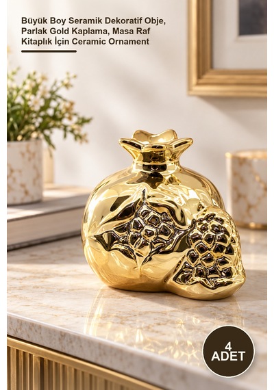 4 Adet Dokulu Taçlı Nar Biblo Büyük Boy Seramik Dekoratif Obje, Parlak Gold Kaplama, Masa Raf Kitaplık İçin Ceramic Ornament 1