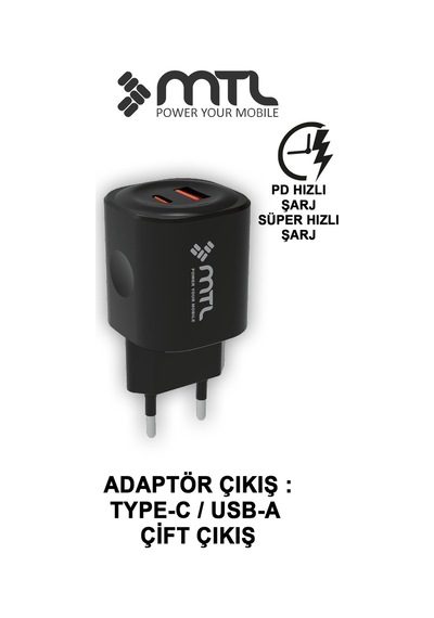 25w Pd + Usb Çift Çıkışlı Adaptör Ve Type-c Kablo Hızlı Şarj Seti Mt1725