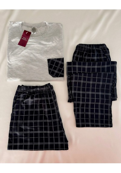 Mh Moony Homewears 3'lü Gri Ekose Çeyizlik Cepli Erkek Pijaması Gri