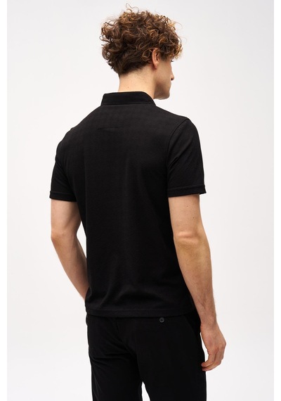 Siyah Slim Fit Dar Kalıp Fermuarlı Polo Yaka Desenli Kısa Kollu Tişört-16401 Siyah