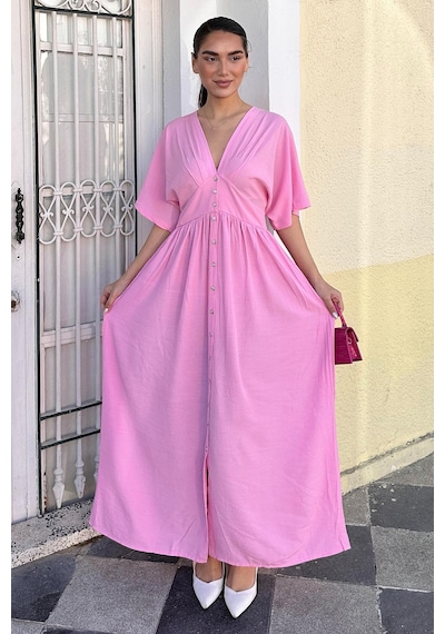 Madmext Pembe V Yaka Düğmeli Elbise Mg2339 Pembe