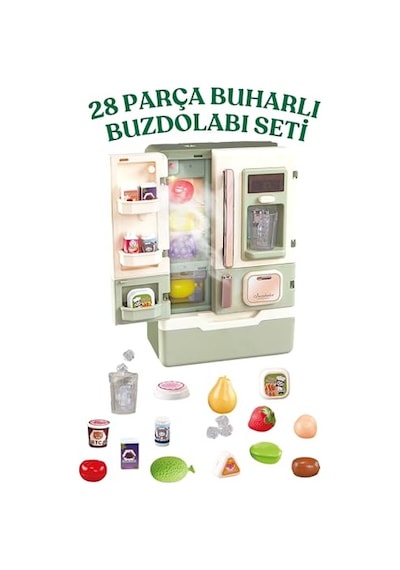 Giffy/oyuncak Buhar Efektli Buzdolabı 28 Parça Aksesuarlı Sesli Müzikli Led Işıklı Pilli Eğitici Gerçekçi Açık Gri