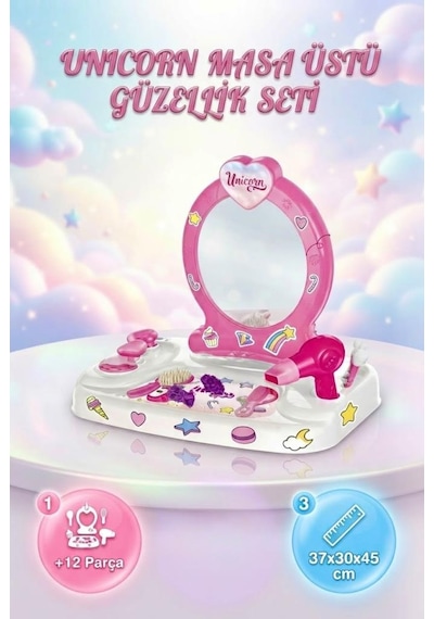 12 Parça Unicorn Masaüstü Aynalı Güzellik Seti Gerçekçi Tasarımlı Renkli Oyuncak Güzellik Seti 1