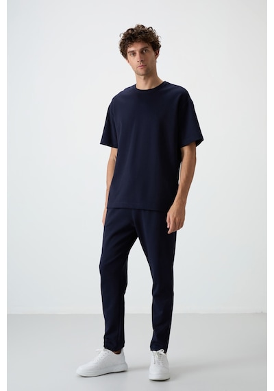 Tommy Life Lacivert Pamuklu Kalın Yumuşak Dokulu Oversize Fit Basic Erkek Eşofman Takım - 85251 Lacivert