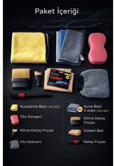 Premium Oto Seti 8'li Kurulama, Ayna, Sünger, Detay Fırçaları,eldiven, Güderi Bez