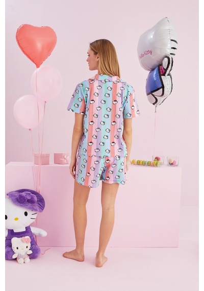 Siyah İnci Lisanslı %100 Pamuk Çok Renkli Düğmeli Şort Pijama Takım Hk159