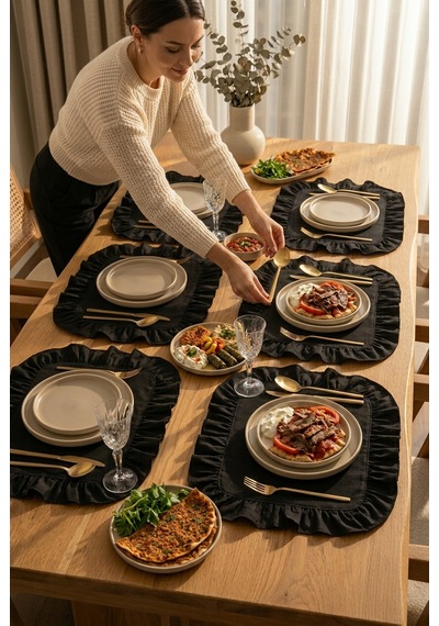 Pamuklu Fırfırlı Kare Supla 6'lı Set Amerikan Servis 33 Cm Supla Siyah