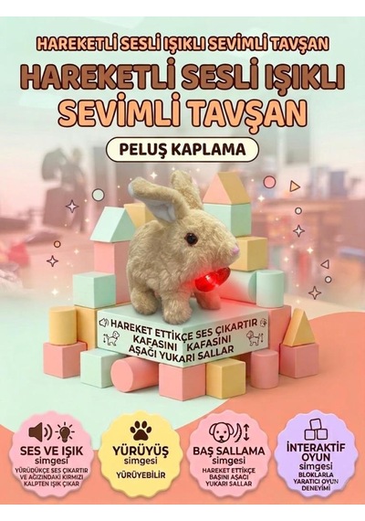 Kalp Detaylı Sevimli Arkadaşım Tavşan: Sesli Yürüyen Hareketli Eğitici Oyuncak Peluş Kahverengi
