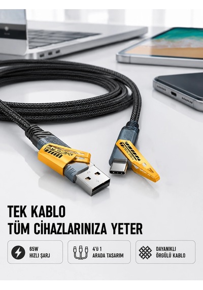 Örgülü Tasarım 4 Ü 1 Arada Usb-c Lightning Hızlı Şarj Kablosu 24635607