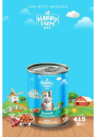 Happy Farm Yaş Kedi Maması Kuzu Etli 415 Gr 24 Adet