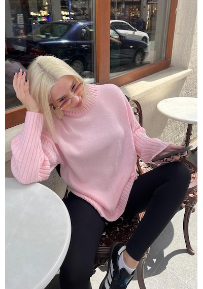 Madmext Pembe Yarım Balıkçı Yaka Fitil Detaylı Kadın Kazak Mg2156 Pembe