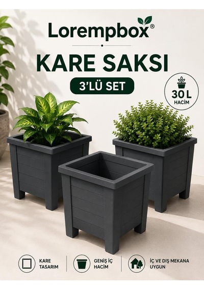 Lorempbox 30 L Kare Saksı 3'lü Set Gri