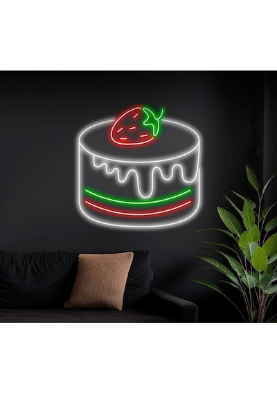 Çilekli Pasta Figürlü Neon Tabela Beyaz