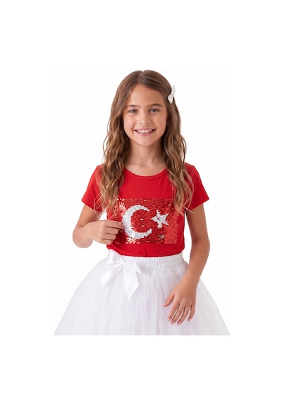 Onloox Kız Çocuk Kırmızı Kız Çocuk Kırmızı Pamuklu Penye Bisiklet Yaka Tam Kalıp Pullu Ay Yıldız Detaylı Tişört 4-14 Yaş KIrmızı