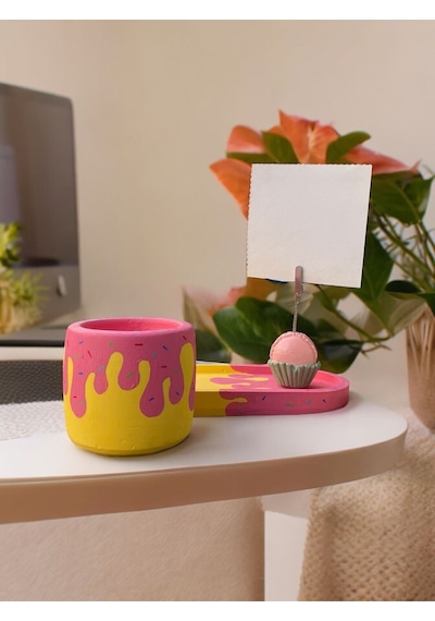Donut Temalı Makaron Fotoğraf - Not Tutucu Hediyelik Set Pembe Sarı