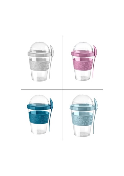 Titiz 600 Ml Kaşıklı Yoğurt & Müsli Kabı - Taşınabilir Kase - Mavi Çok Renkli