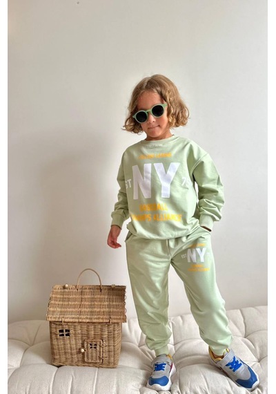 Jolly Kids Erkek Çocuk Mint Yazı Baskılı Sweatshirt Takım Mint Mint Yeşili