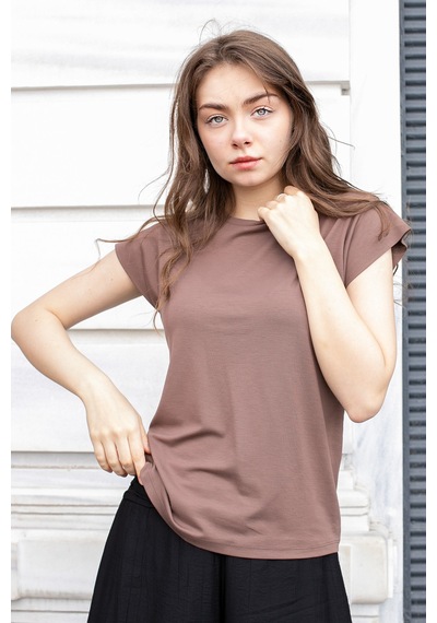 Kadın İpeksi Kumaş Geniş Sıfır Yaka Kısa Kol Tshirt Bluz-kahve Kahve