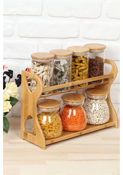Bambu Standlı Cam Baharat Takımı Bambu Kapak 7'li Fma05078 Ahşap