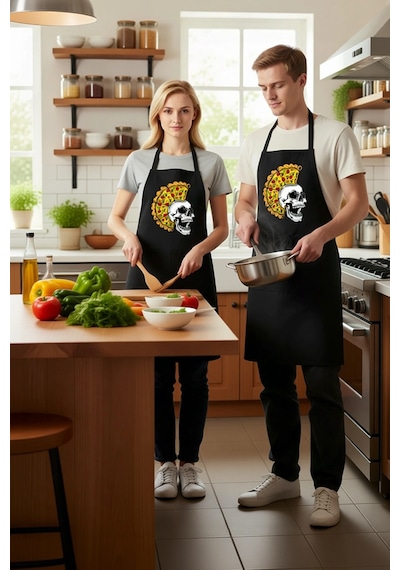 Unisex Mutfak Aşçı Önlüğü Kafatası Pizza Baskılı Grafik Tasarım S Siyah